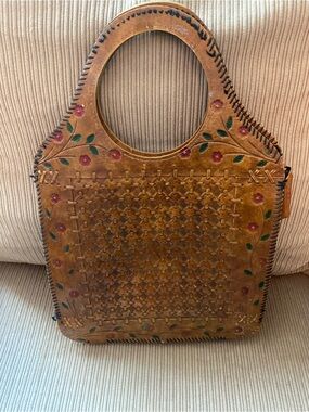 Handcrafted Brown Tooled Leather Tote with Floral Accents - 1970s